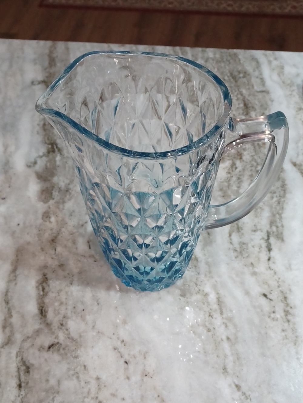 Blue Pressed Glass Pitcher - Textured Diamond Pattern